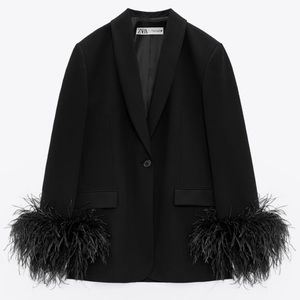 Zara Feather Trim Pocket Blazer